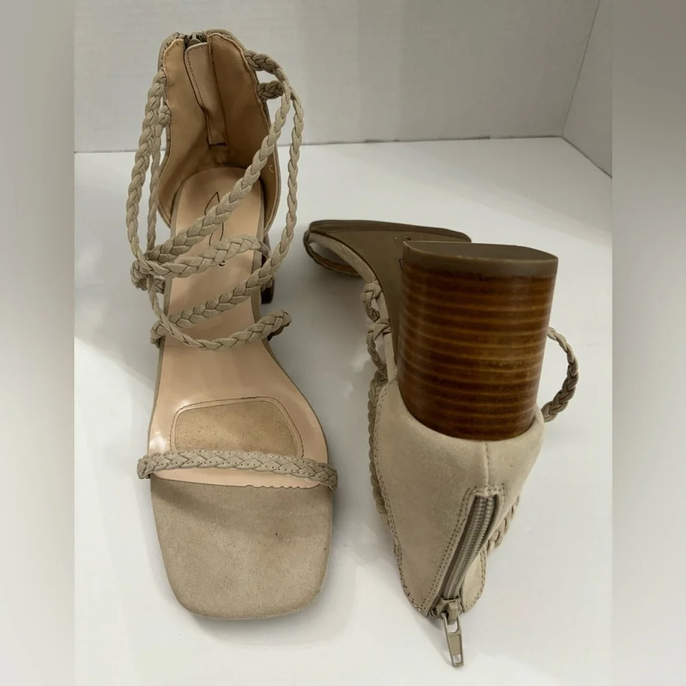 Joie Felina Women Beige Braided Open Toe Strappy Block Heel Sandals Size 9.5